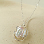 Hollow Lace Frame Baroque Pearl Pendant Necklace - Silver - floysun
