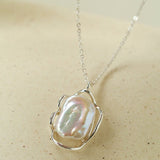 Hollow Lace Frame Baroque Pearl Pendant Necklace - Silver - floysun