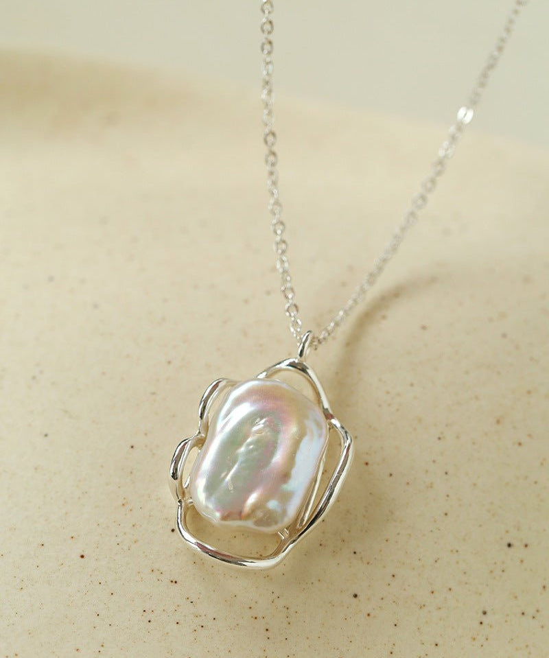 Hollow Lace Frame Baroque Pearl Pendant Necklace - Silver - floysun