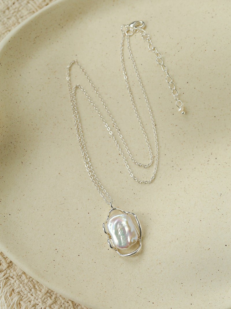 Hollow Lace Frame Baroque Pearl Pendant Necklace - Silver - floysun