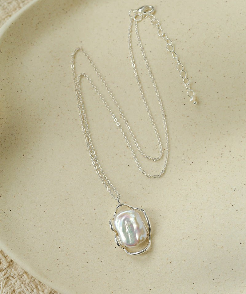 Hollow Lace Frame Baroque Pearl Pendant Necklace - Silver - floysun