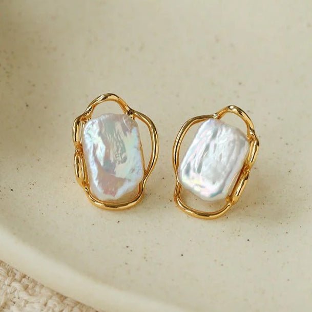 Hollow Lace Frame Baroque Pearl Stud Earrings - Gold - floysun
