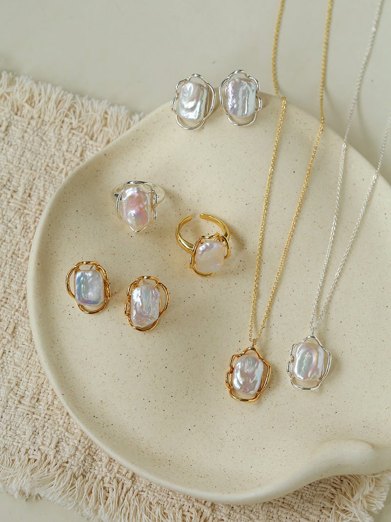 Hollow Lace Frame Baroque Pearl Stud Earrings - Gold - floysun