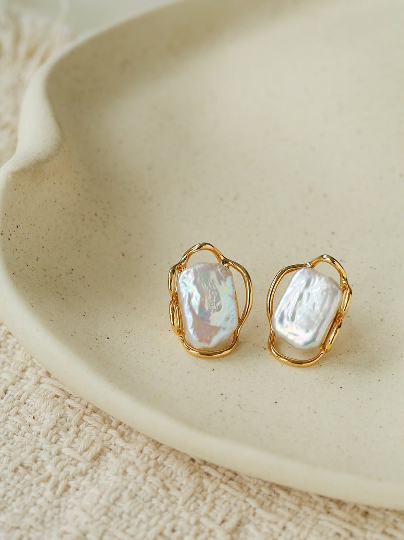Hollow Lace Frame Baroque Pearl Stud Earrings - Gold - floysun