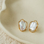 Hollow Lace Frame Baroque Pearl Stud Earrings - Gold - floysun