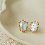 Hollow Lace Frame Baroque Pearl Stud Earrings - Gold - floysun