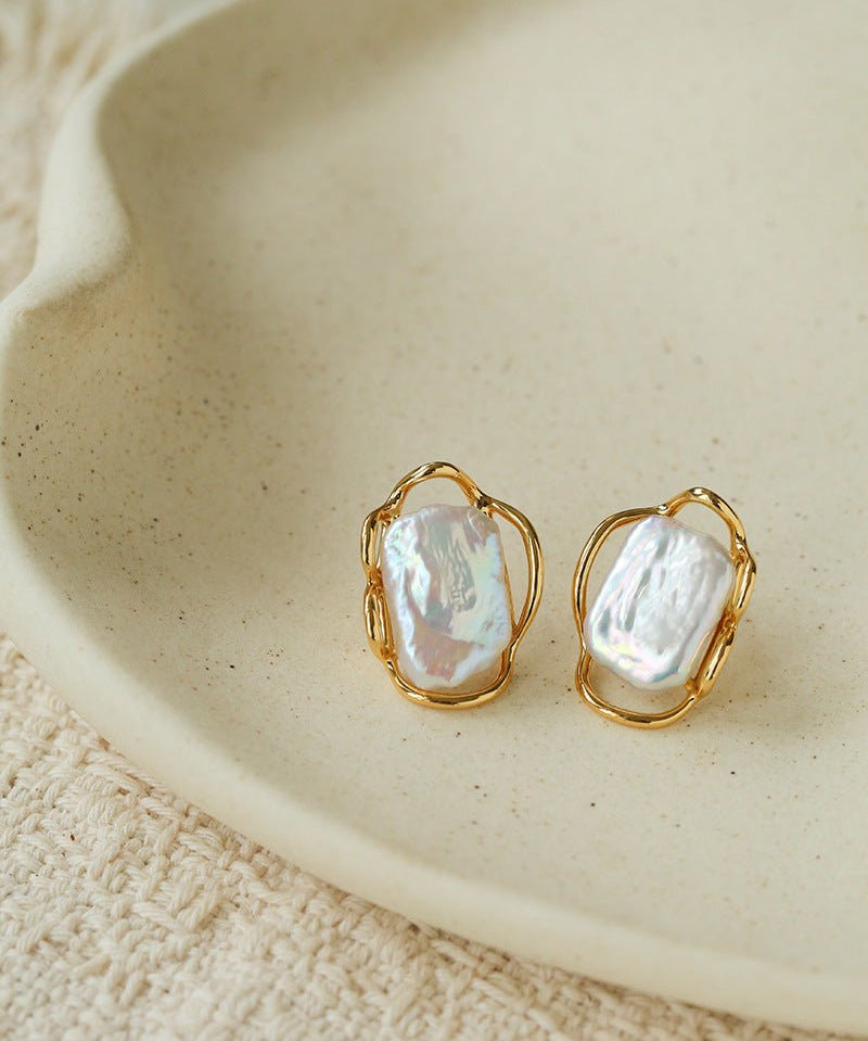 Hollow Lace Frame Baroque Pearl Stud Earrings - Gold - floysun