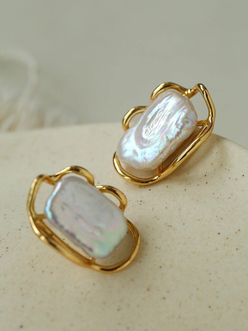 Hollow Lace Frame Baroque Pearl Stud Earrings - Gold - floysun