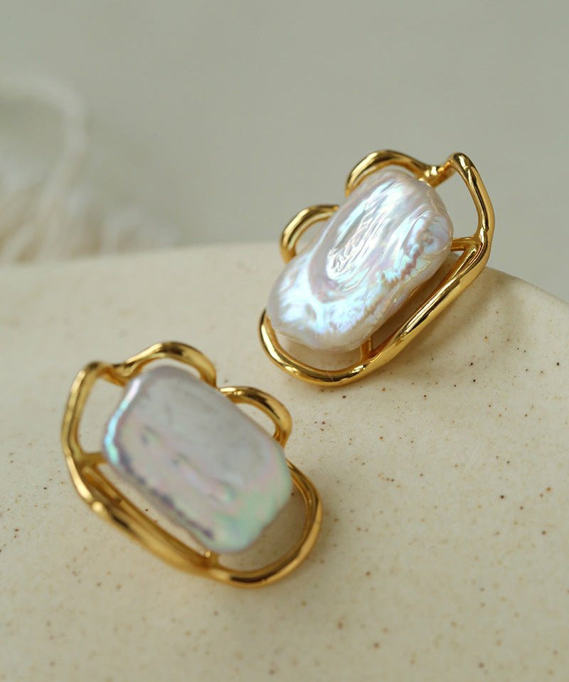 Hollow Lace Frame Baroque Pearl Stud Earrings - Gold - floysun