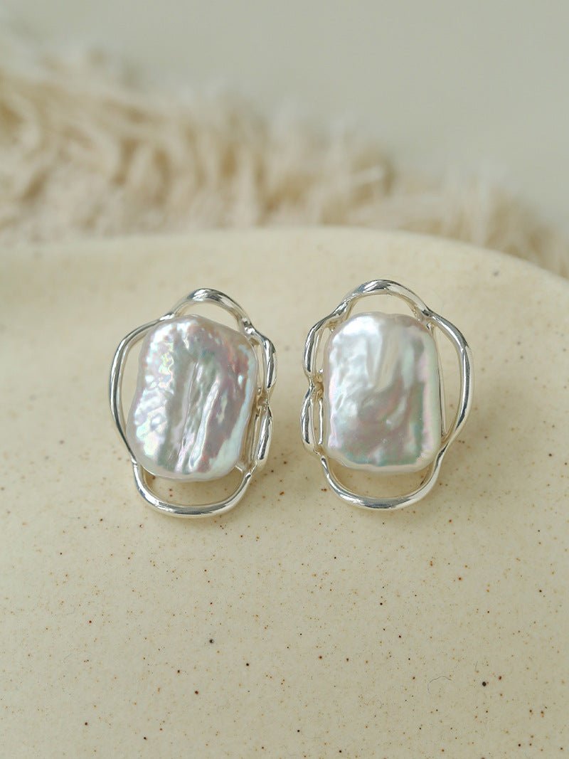 Hollow Lace Frame Baroque Pearl Stud Earrings - Silver - floysun
