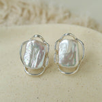 Hollow Lace Frame Baroque Pearl Stud Earrings - Silver - floysun