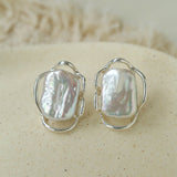 Hollow Lace Frame Baroque Pearl Stud Earrings - Silver - floysun