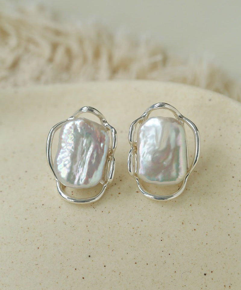 Hollow Lace Frame Baroque Pearl Stud Earrings - Silver - floysun