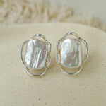 Hollow Lace Frame Baroque Pearl Stud Earrings - Silver - floysun