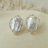 Hollow Lace Frame Baroque Pearl Stud Earrings - Silver - floysun
