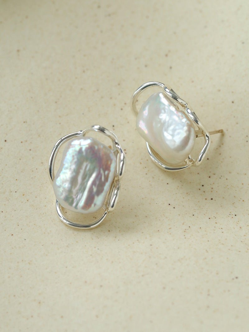 Hollow Lace Frame Baroque Pearl Stud Earrings - Silver - floysun