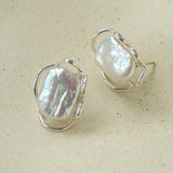 Hollow Lace Frame Baroque Pearl Stud Earrings - Silver - floysun