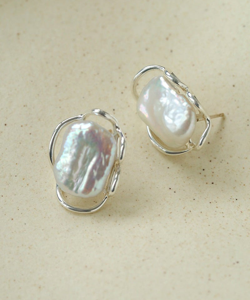 Hollow Lace Frame Baroque Pearl Stud Earrings - Silver - floysun