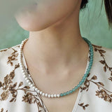 Two-Tone Brushed S925 Silver & Green Aventurine Beaded Necklace