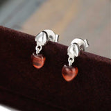 Vintage Palm & Red Tiger's Eye Heart Drop Earrings