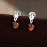 Vintage Palm & Red Tiger's Eye Heart Drop Earrings