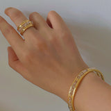 Hand Hammered Textured Inlaid Pearl Natural Stone Glass Open Cuff Bangle