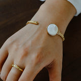 Vintage Hammered Lava Texture White Mother of Pearl Open Cuff Bracelet