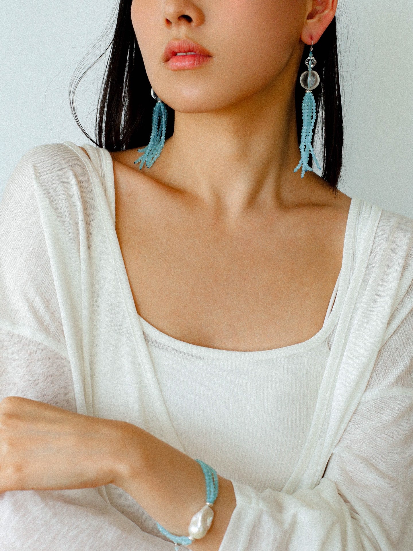 Ice Blue Cat Eye Tassel Earrings - floysun