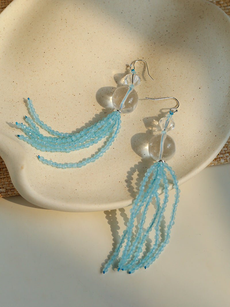 Ice Blue Cat Eye Tassel Earrings - floysun