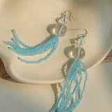 Ice Blue Cat Eye Tassel Earrings - floysun