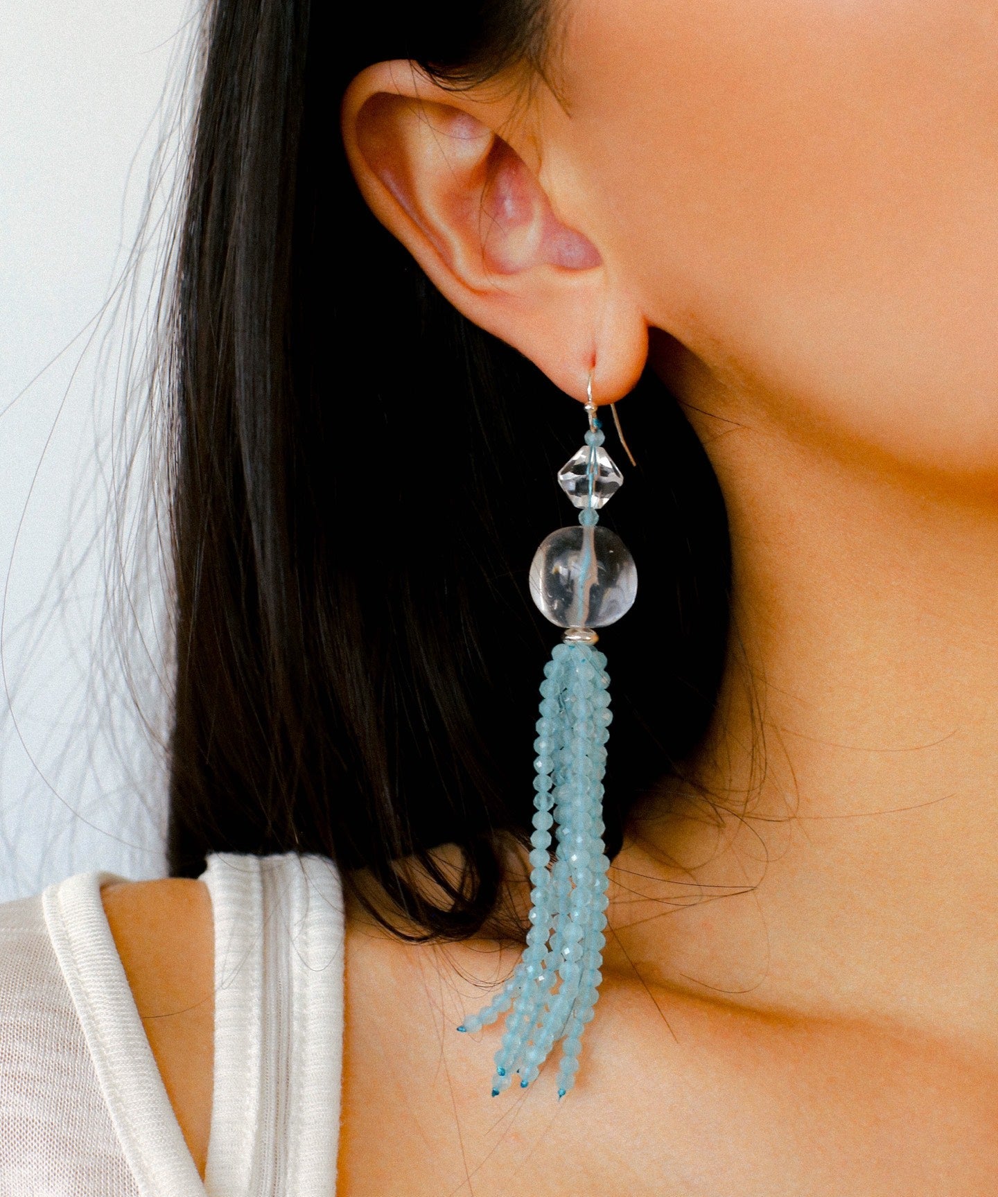Ice Blue Cat Eye Tassel Earrings - floysun