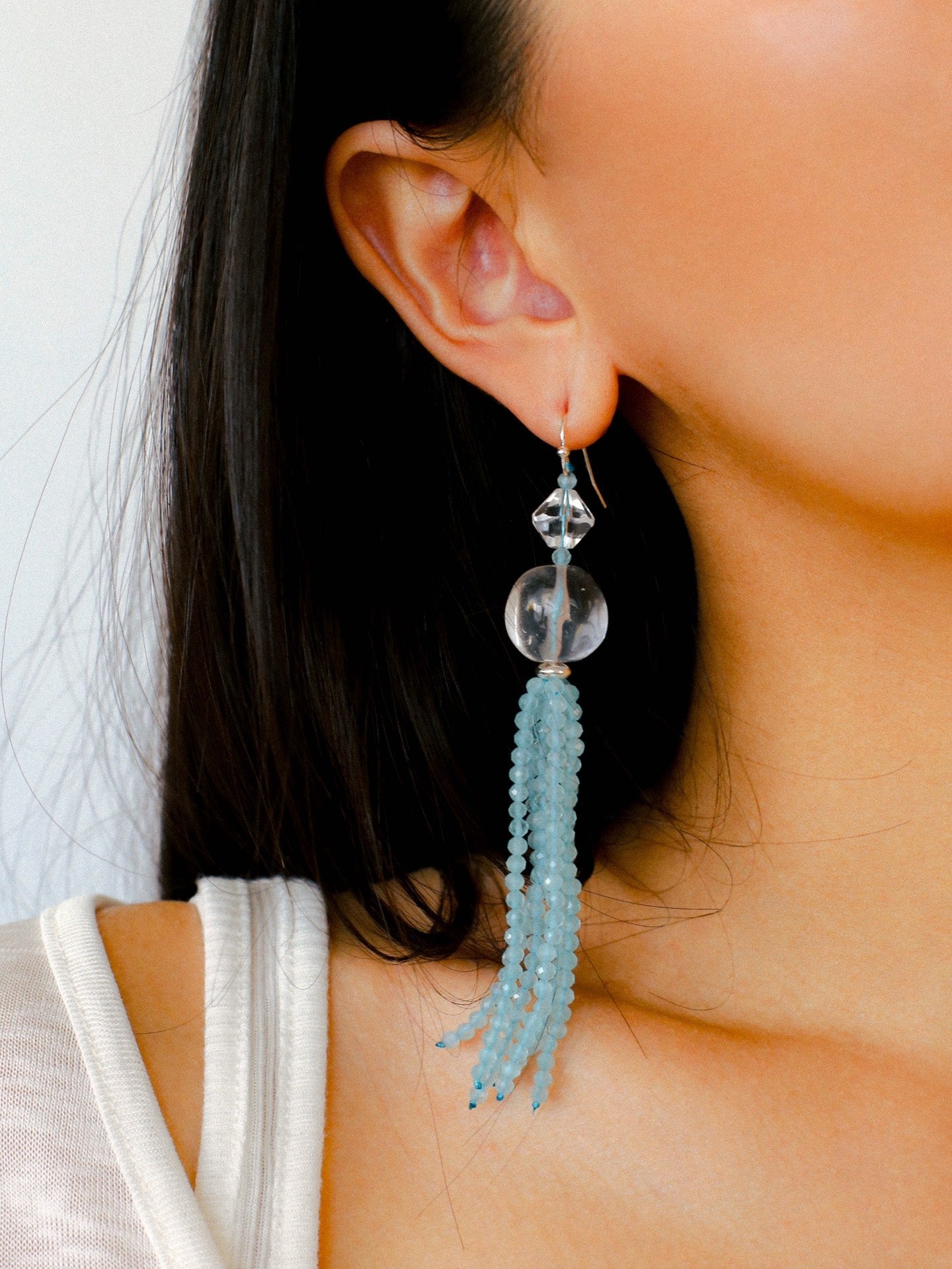 Ice Blue Cat Eye Tassel Earrings - floysun