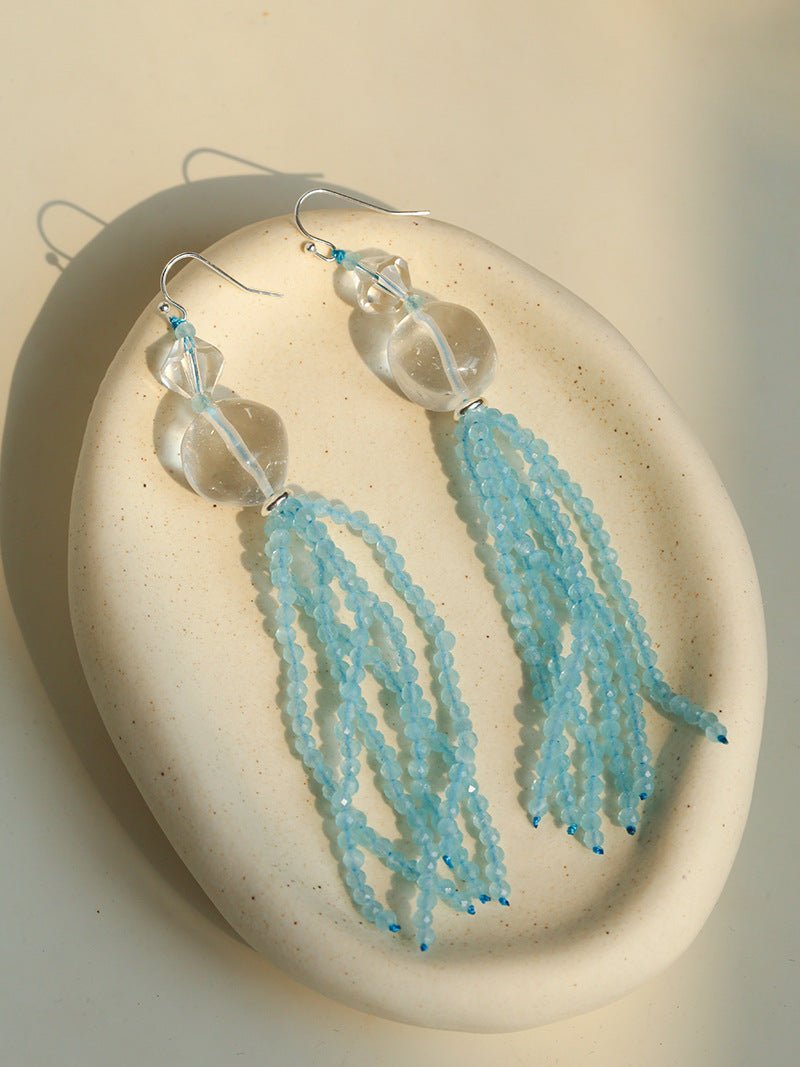Ice Blue Cat Eye Tassel Earrings - floysun
