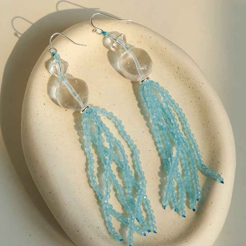 Ice Blue Cat Eye Tassel Earrings - floysun
