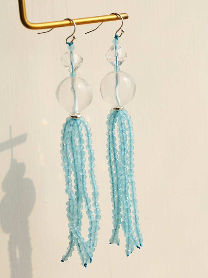 Ice Blue Cat Eye Tassel Earrings - floysun