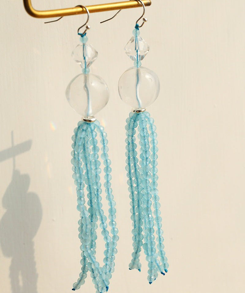 Ice Blue Cat Eye Tassel Earrings - floysun