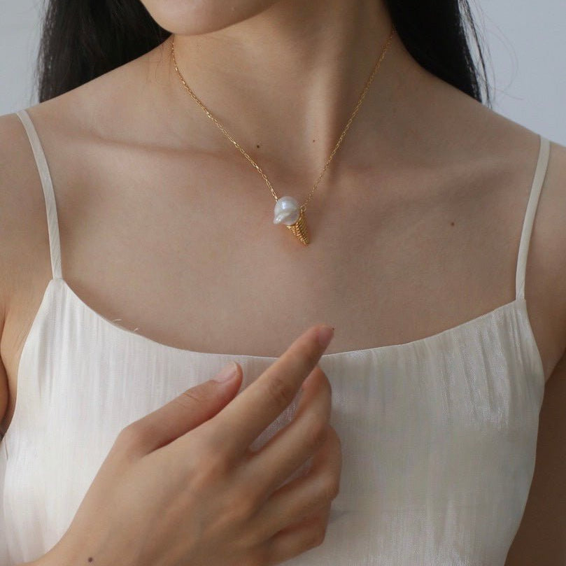 Ice Cream Baroque Pearl Chain Pendant Necklace - floysun