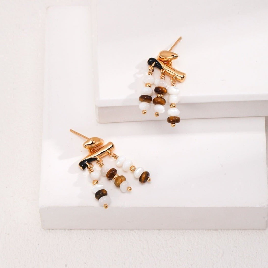 Interwoven Mother of Pearl and Tiger's Eye Drop Earrings - floysun