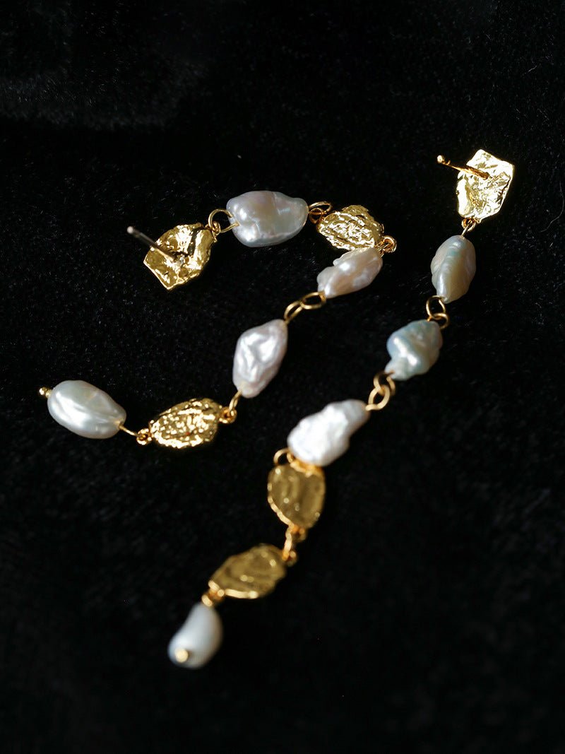 Irregular Freshwater Pearl & Hammered Gold Long Drop Earrings - floysun