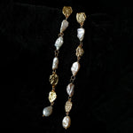 Irregular Freshwater Pearl & Hammered Gold Long Drop Earrings - floysun