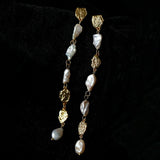 Irregular Freshwater Pearl & Hammered Gold Long Drop Earrings - floysun