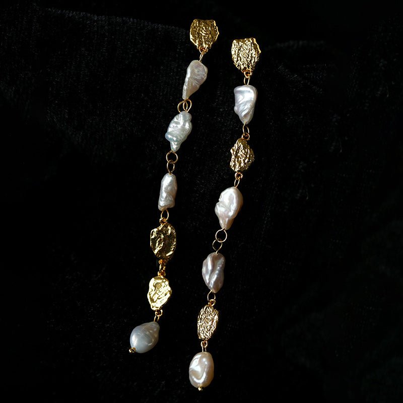 Irregular Freshwater Pearl & Hammered Gold Long Drop Earrings - floysun