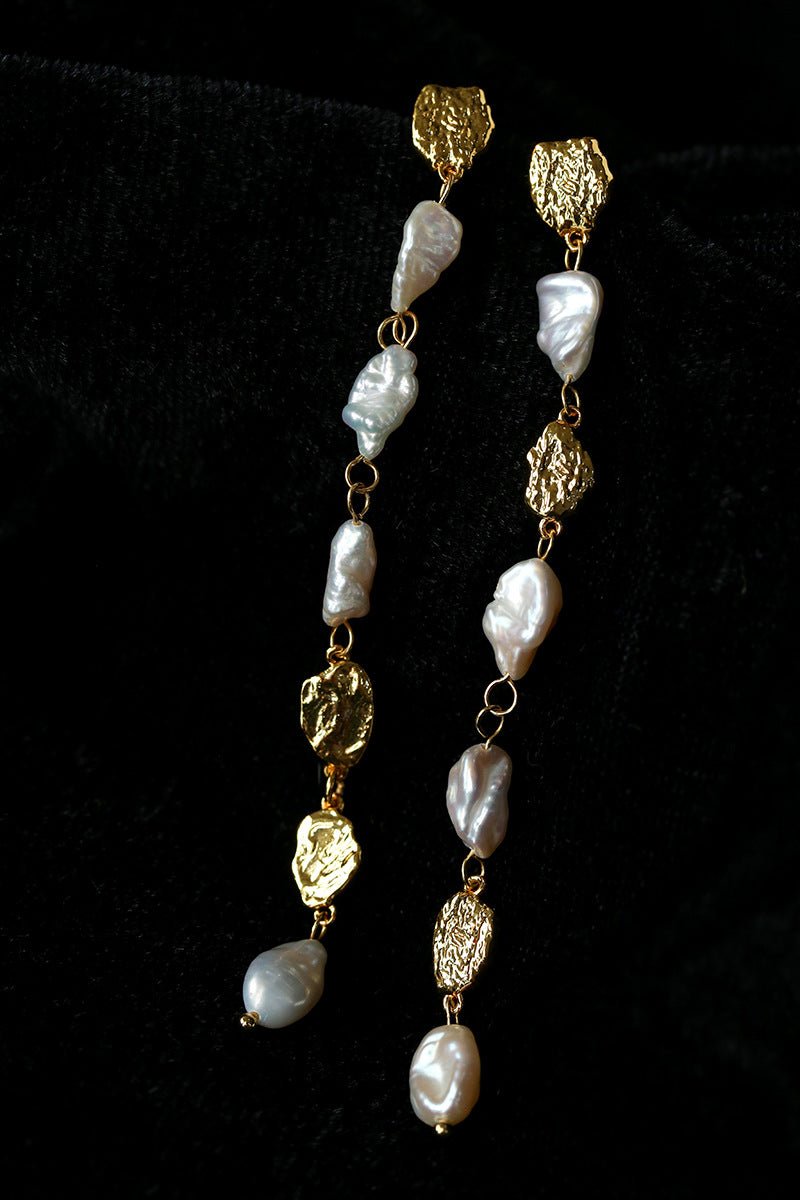 Irregular Freshwater Pearl & Hammered Gold Long Drop Earrings - floysun