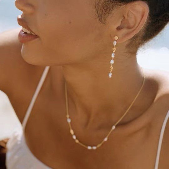 Irregular Freshwater Pearl & Hammered Gold Long Drop Earrings - floysun