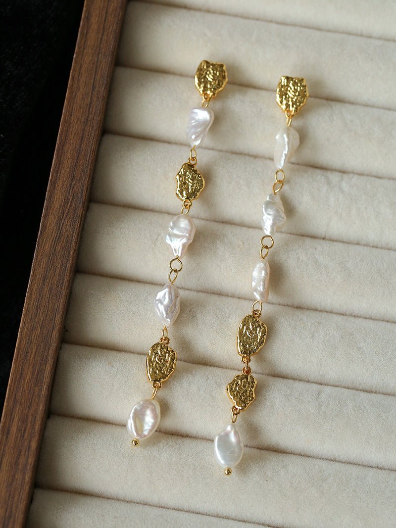 Irregular Freshwater Pearl & Hammered Gold Long Drop Earrings - floysun