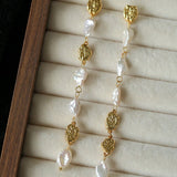 Irregular Freshwater Pearl & Hammered Gold Long Drop Earrings - floysun