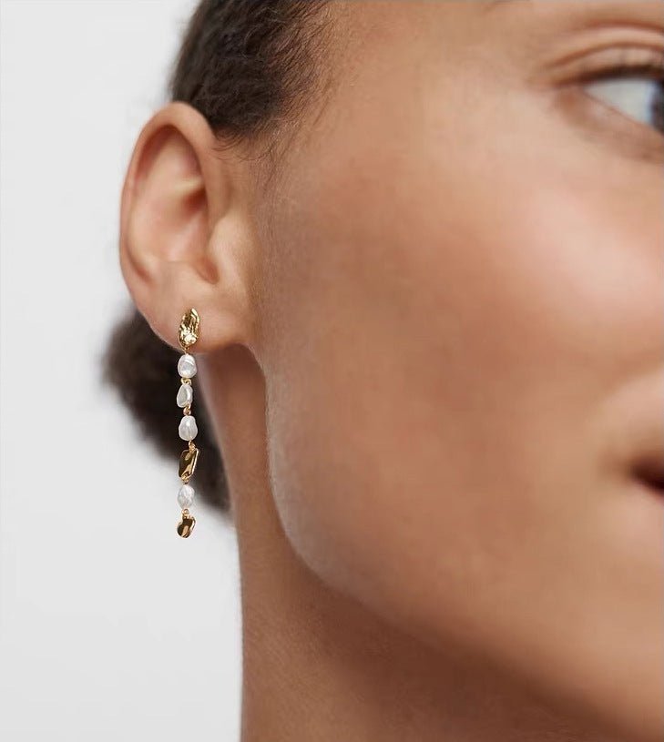Irregular Freshwater Pearl & Hammered Gold Long Drop Earrings - floysun