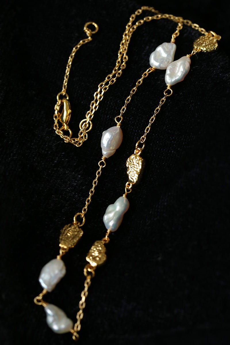 Irregular Freshwater Pearl & Hammered Gold Station Necklace - floysun