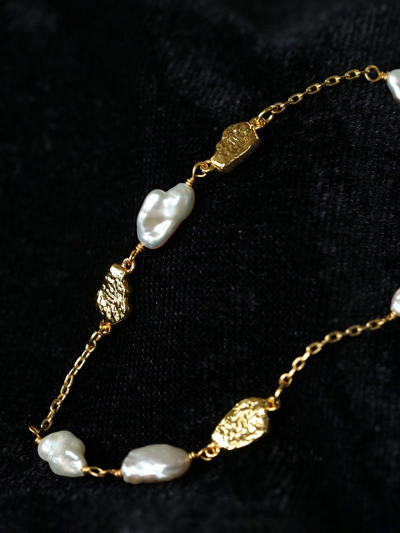 Irregular Freshwater Pearl & Hammered Gold Station Necklace - floysun