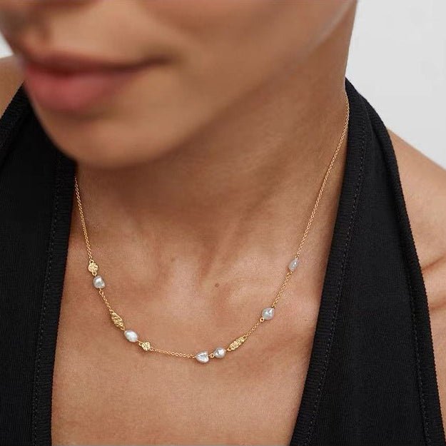 Irregular Freshwater Pearl & Hammered Gold Station Necklace - floysun